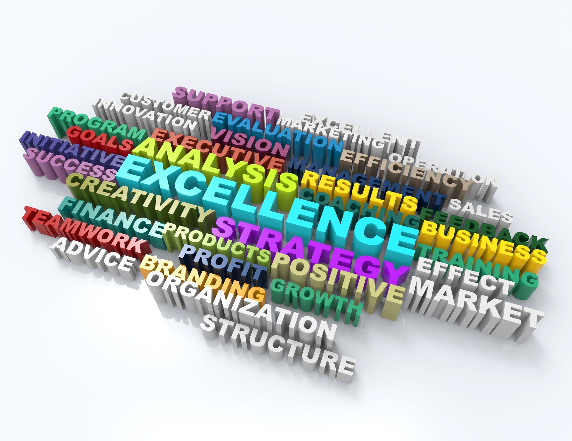excellence,analysis,results,coaching 3d word concept
