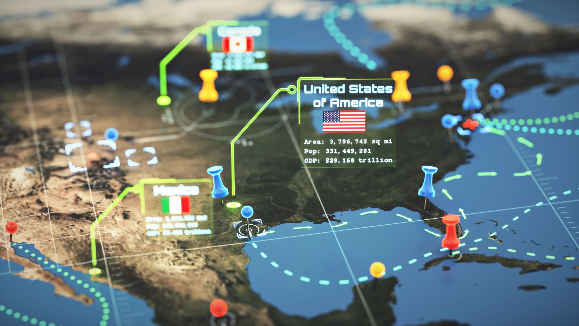 Virtual reality map of the United States, with digital infographic overlay data