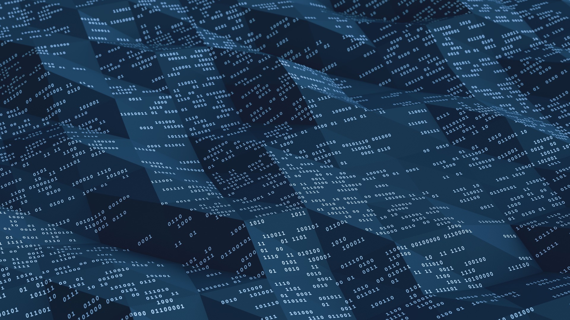 Uneven dark blue triangular surface with binary computer data. Conceptual design in the domain of data, virtual reality, computing and technology.